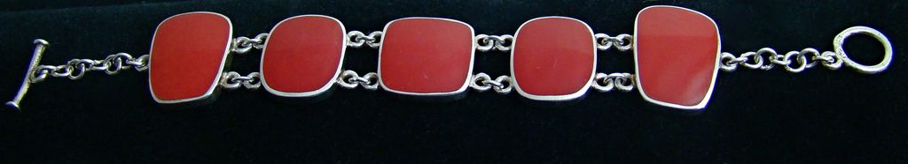 Native American Sterling Silver Bracelet Set with Five Red Coral Stones Native American Sterling Silver Bracelet Set with Five Red Coral Stones