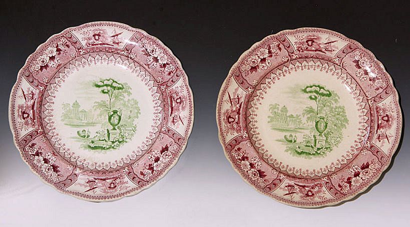 Pair Raspberry Red Transfer Plates - Circa 1826-1838 Pair Raspberry Red Transfer Plates - Circa 1826-1838