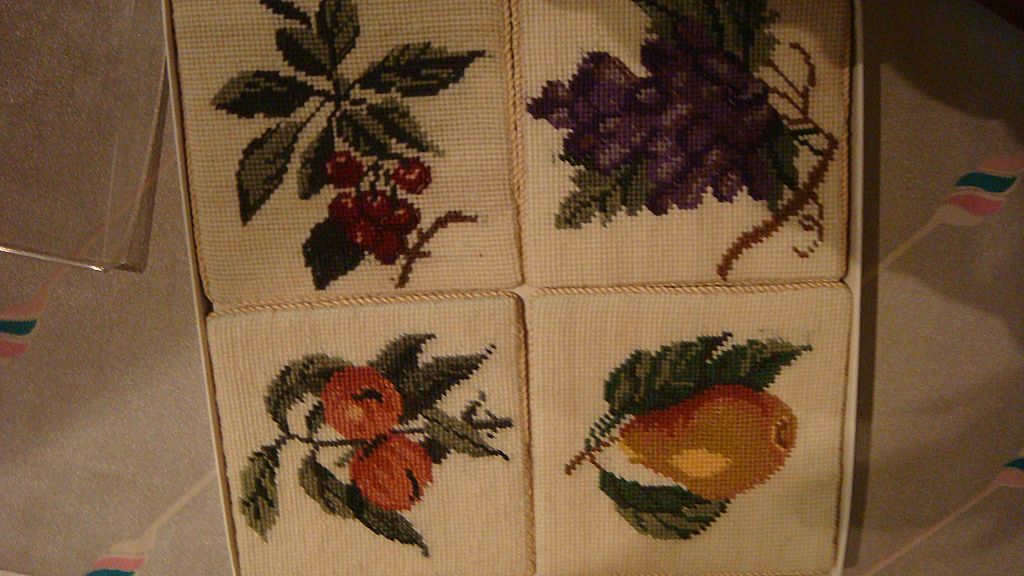 Set of 4 Needlepoint Fruit Coasters in Box: Grapes, Pear, Peaches, Cherries Set of 4 Needlepoint Fruit Coasters in Box: Grapes, Pear, Peaches, Cherries