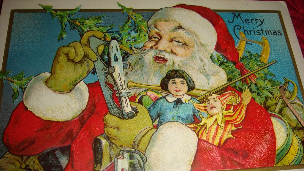 'Up Close' Santa Claus Postcard Early 1900's Doll, Joker, Skates, Drum: Stecher Lith. 'Up Close' Santa Claus Postcard Early 1900's Doll, Joker, Skates, Drum: Stecher Lith.