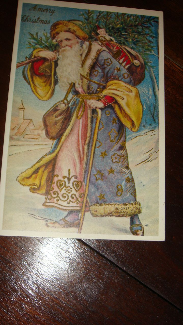Vintage Santa Claus in Blue, Gold and Pink Robe Reproduction Postcard Vintage Santa Claus in Blue, Gold and Pink Robe Reproduction Postcard