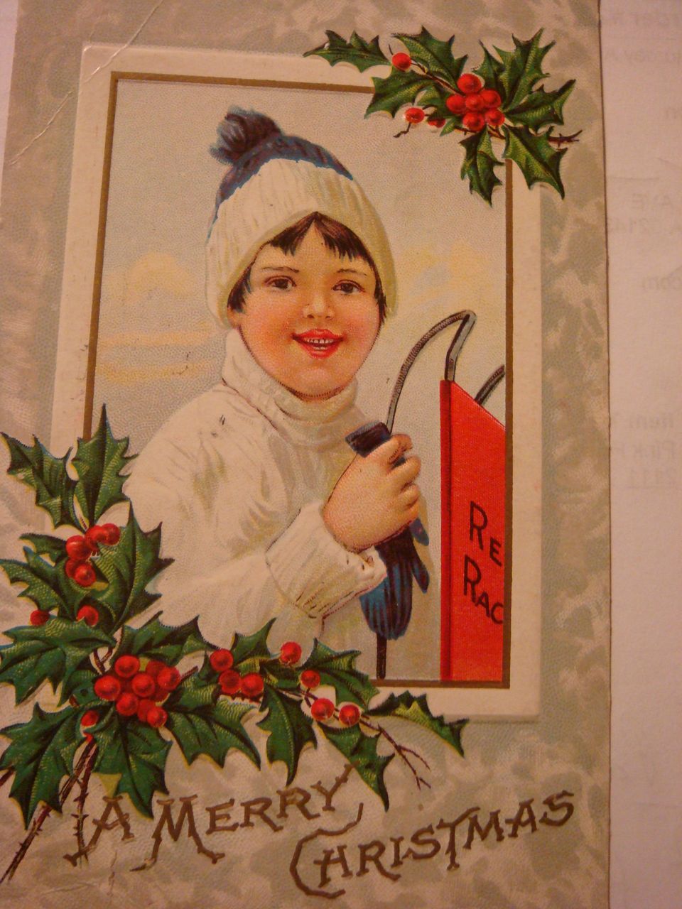 1913 Embossed Christmas Postcard Little Child With Red Racer Metal Runner Sled 1913 Embossed Christmas Postcard Little Child With Red Racer Metal Runner Sled