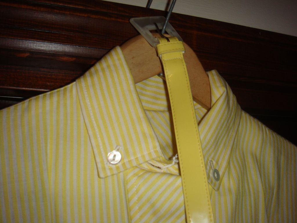 Vintage Abby Kent New York Shirtwaist Dress Yellow White Stripe Patent / Lucite Belt Vintage Abby Kent New York Shirtwaist Dress Yellow White Stripe Patent / Lucite Belt