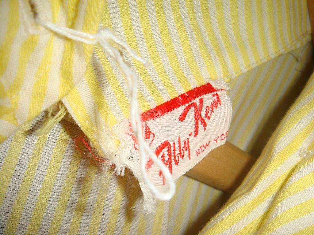 Vintage Abby Kent New York Shirtwaist Dress Yellow White Stripe Patent / Lucite Belt Vintage Abby Kent New York Shirtwaist Dress Yellow White Stripe Patent / Lucite Belt