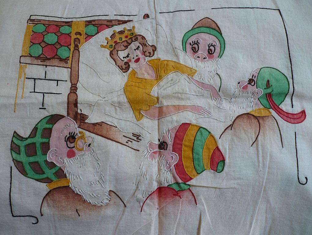 Snow White Hand Embroidered Tinted Pillow Top Snow White Hand Embroidered Tinted Pillow Top