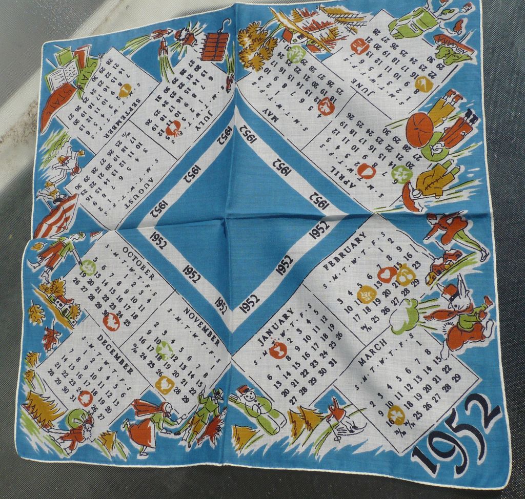 1952 Vintage Calendar Handkerchief 1952 Vintage Calendar Handkerchief