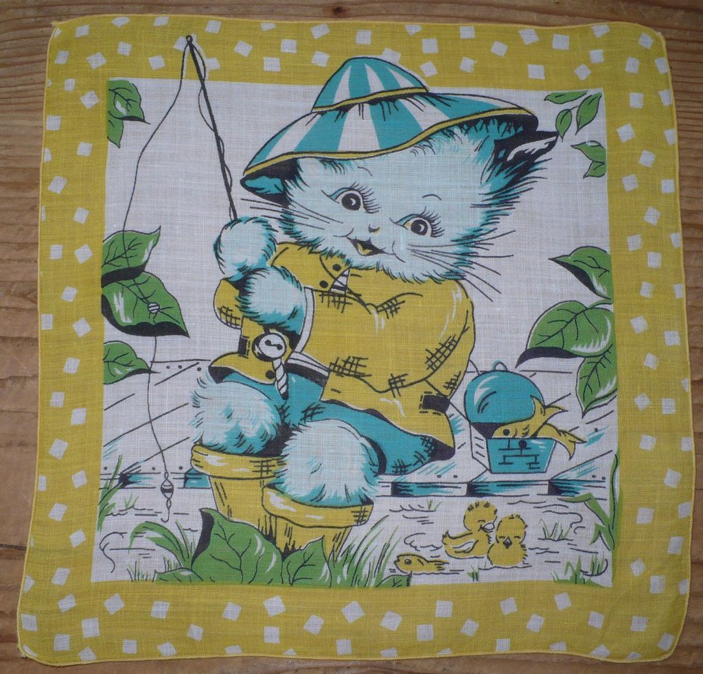 Kitty Fishing Child's Handkerchief Kitty Fishing Child's Handkerchief