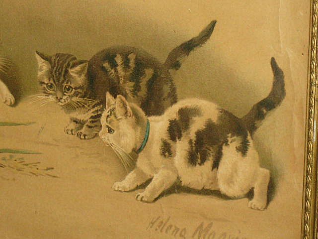 Framed Antique Helena Maguire Cats Kittens Print Framed Antique Helena Maguire Cats Kittens Print