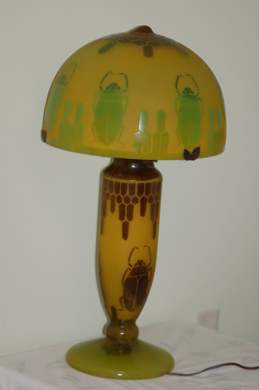 Schneider Charder Le Verre Francais French Cameo Glass Lamp 'Scarabees' / 'Scarab' decor Rare & Large C:1925 Schneider Charder Le Verre Francais French Cameo Glass Lamp 'Scarabees' / 'Scarab' decor Rare & Large C:1925