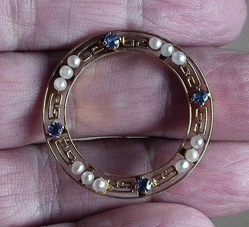 Blue Sapphire & Pearl Set Brooch, 14K - Edwardian Blue Sapphire & Pearl Set Brooch, 14K - Edwardian