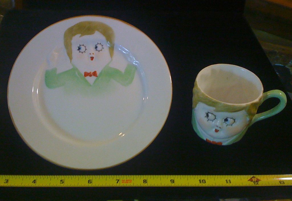 Googly Eyed Child's China Dishes 4-piece Set - Early Nippon Googly Eyed Child's China Dishes 4-piece Set - Early Nippon