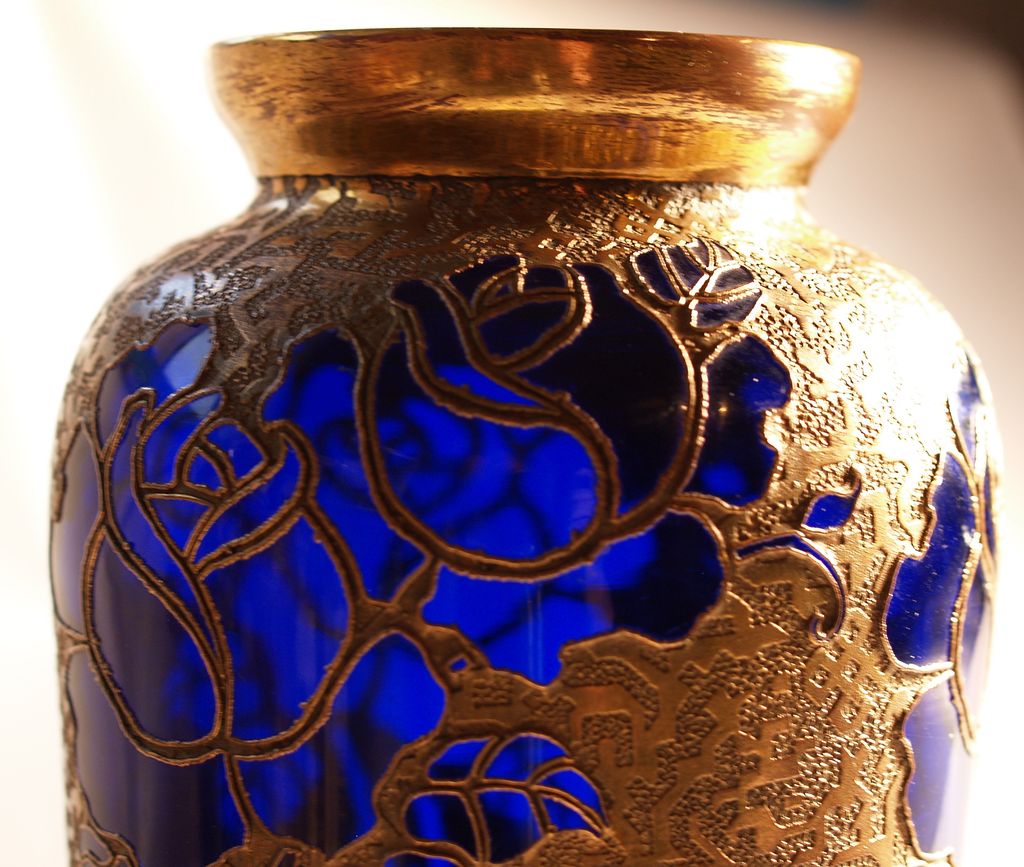 IMPORTANT ROSE VASE - 7-9 Karat Gold Encrusted Cobalt Art Glass Vase by Leon Ledru of Val St. Lambert IMPORTANT ROSE VASE - 7-9 Karat Gold Encrusted Cobalt Art Glass Vase by Leon Ledru of Val St. Lambert