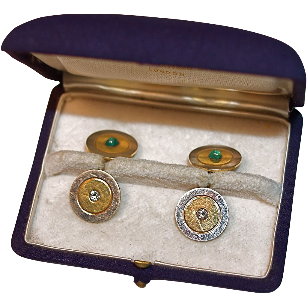 14 Karat Gold Diamond & Emerald Cuff Links - Original Mappin & Webb Ltd Case 14 Karat Gold Diamond & Emerald Cuff Links - Original Mappin & Webb Ltd Case