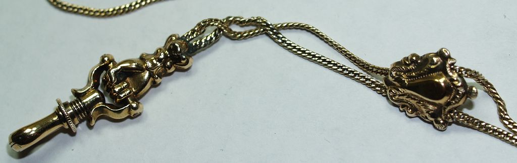 Ladies 18 Karat Gold Muff/Watch/Lorgnette Chain - Garnet Slide Ladies 18 Karat Gold Muff/Watch/Lorgnette Chain - Garnet Slide