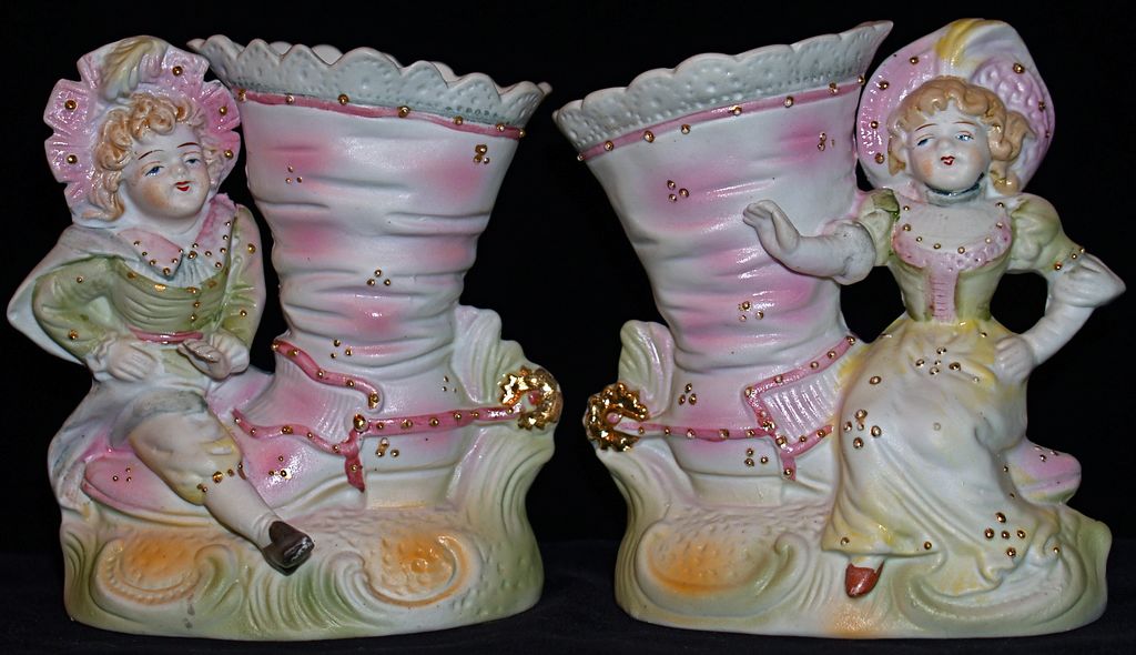 Pair Porcelain Bisque Boy & Girl Boot/Shoe Vases Pair Porcelain Bisque Boy & Girl Boot/Shoe Vases