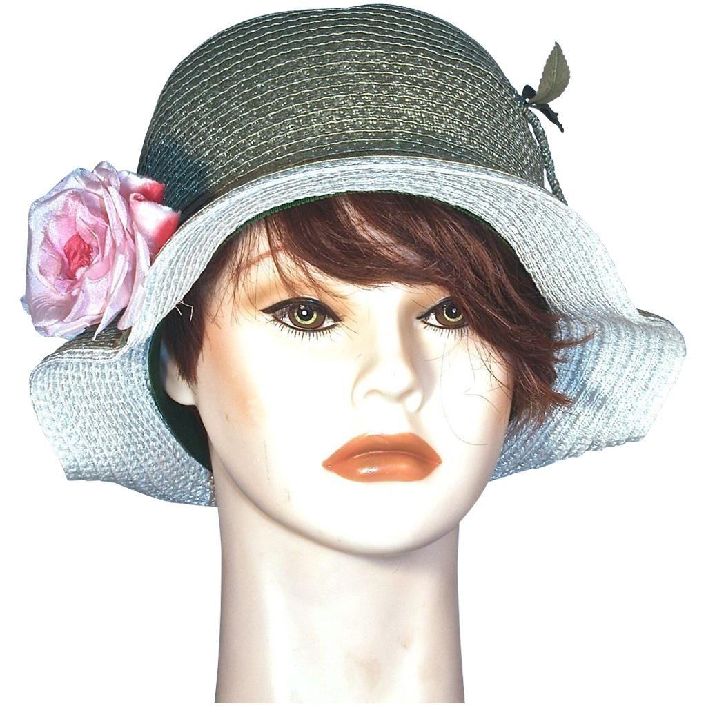 Vintage Cloche Green Straw Hat - Pink Silk Rose - by Coralie Vintage Cloche Green Straw Hat - Pink Silk Rose - by Coralie