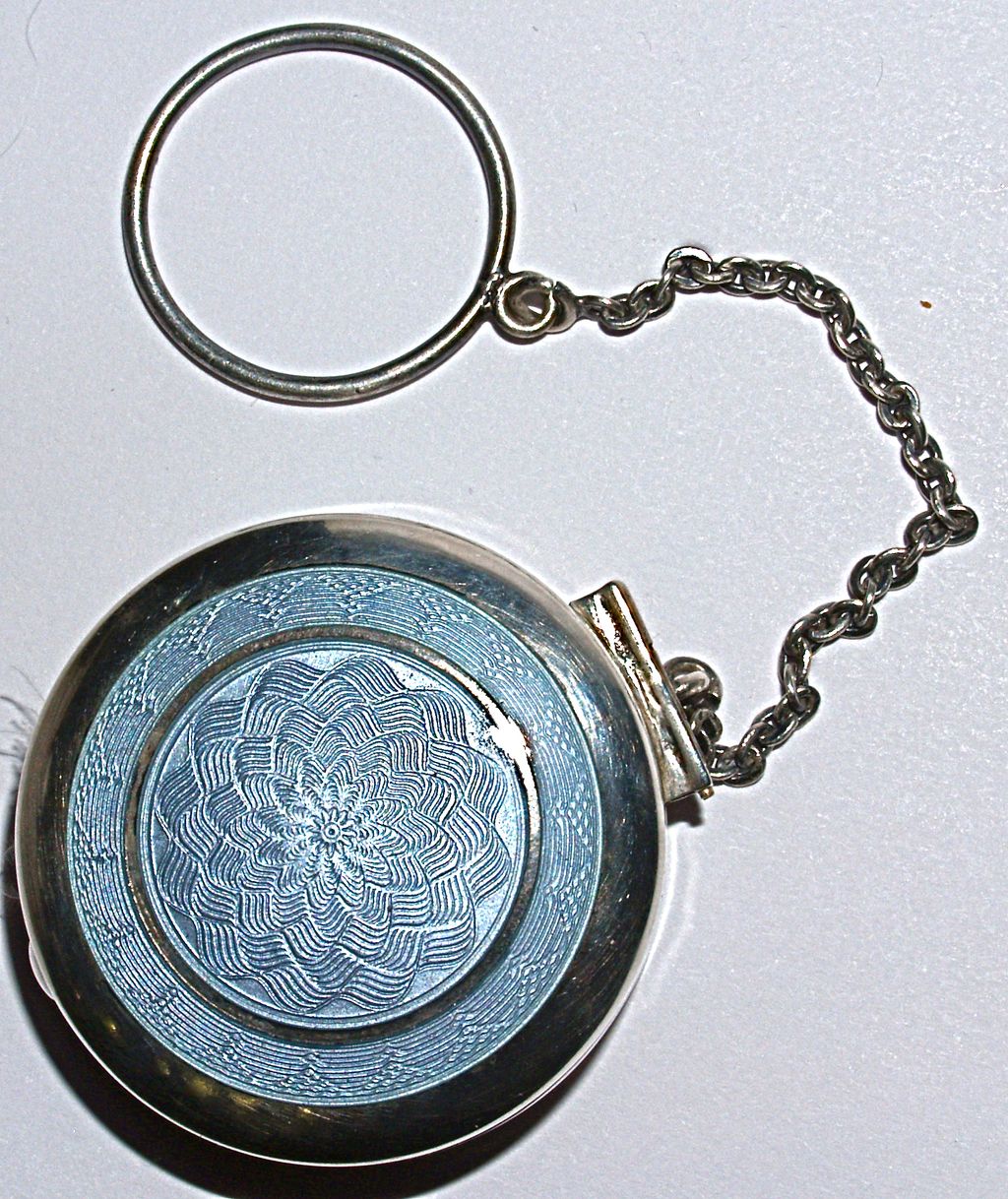 Nussbaum & Hunold Blue Guilloche Patch Box/Compact on Finger Chain Nussbaum & Hunold Blue Guilloche Patch Box/Compact on Finger Chain