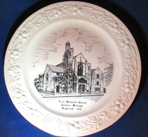 Homer Laughlin Theme Plate - First Methodist Church, Jackson, Michigan - Decorated by World Wide Art Studios Homer Laughlin Theme Plate - First Methodist Church, Jackson, Michigan - Decorated by World Wide Art Studios