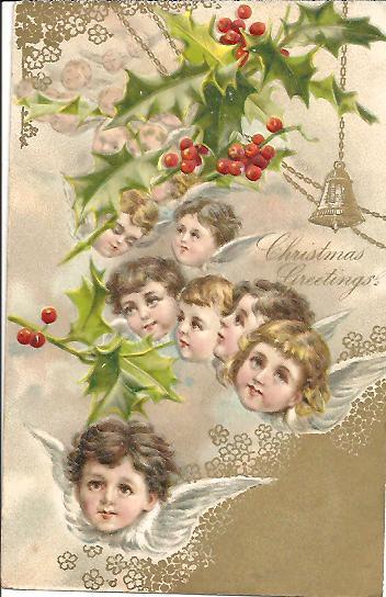 CHRISTMAS Post Card, Angelic Faces of Children and Holly Branches CHRISTMAS Post Card, Angelic Faces of Children and Holly Branches