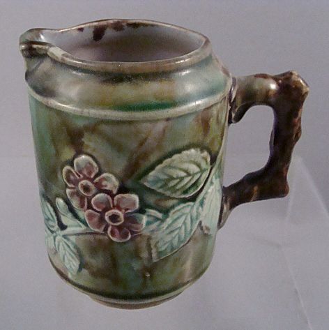 Majolica Cream Pitcher~Creamer~Vines Flowers Twig Handle Majolica Cream Pitcher~Creamer~Vines Flowers Twig Handle