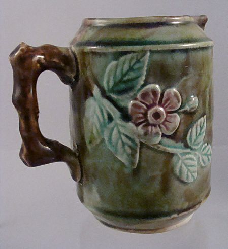 Majolica Cream Pitcher~Creamer~Vines Flowers Twig Handle Majolica Cream Pitcher~Creamer~Vines Flowers Twig Handle