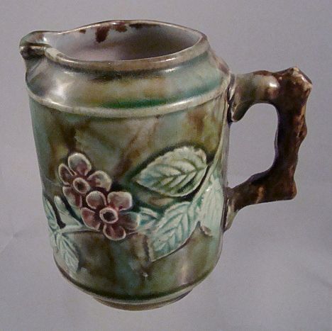 Majolica Cream Pitcher~Creamer~Vines Flowers Twig Handle Majolica Cream Pitcher~Creamer~Vines Flowers Twig Handle