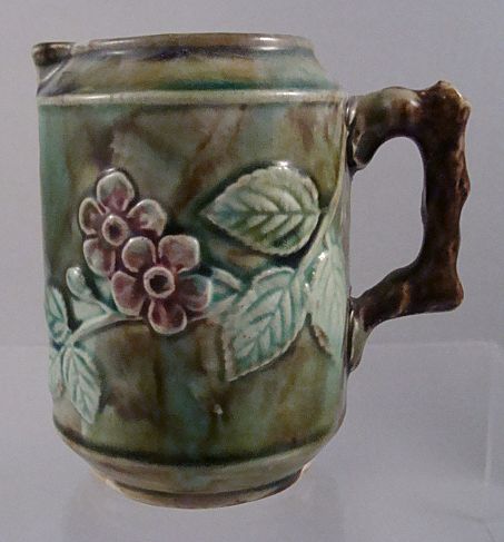 Majolica Cream Pitcher~Creamer~Vines Flowers Twig Handle Majolica Cream Pitcher~Creamer~Vines Flowers Twig Handle