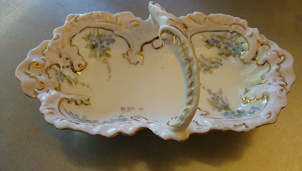 Austrian Porcelain Basket Nappy One Handled Gilded Bowl Austrian Porcelain Basket Nappy One Handled Gilded Bowl