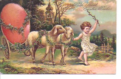 EASTER Postcard~Lambs Pulling Cart With Giant Egg! 1907 EASTER Postcard~Lambs Pulling Cart With Giant Egg! 1907
