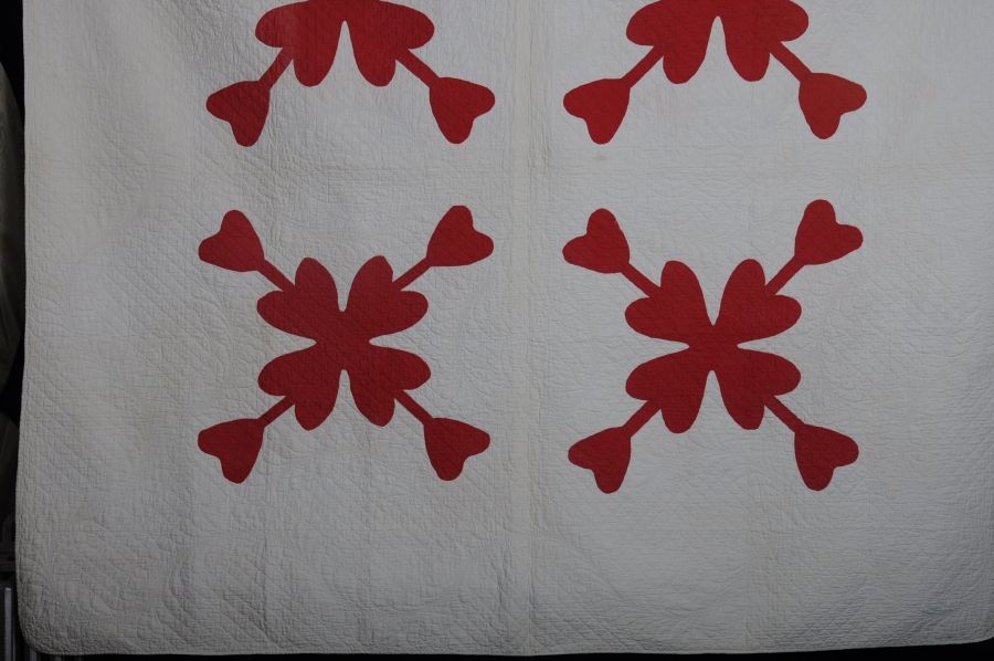 19th C Red & White Quilt - Heart Applique - Intricate Quilting 19th C Red & White Quilt - Heart Applique - Intricate Quilting