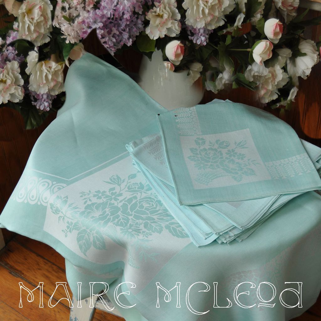 Vintage Duck Egg Blue Linen Damask Tablecloth & 12 Napkins Rose from mairemcleod on Ruby Lane
