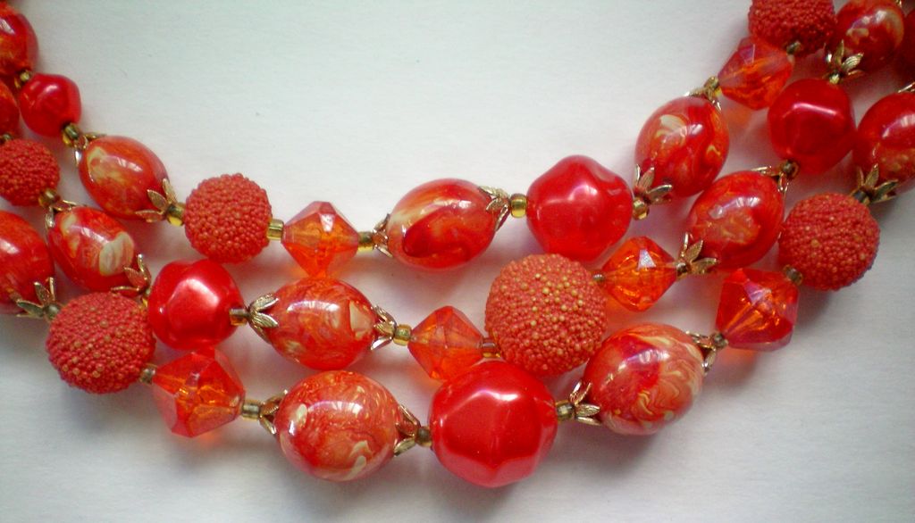 Three Strand Red / Orange Bead Necklace Three Strand Red / Orange Bead Necklace