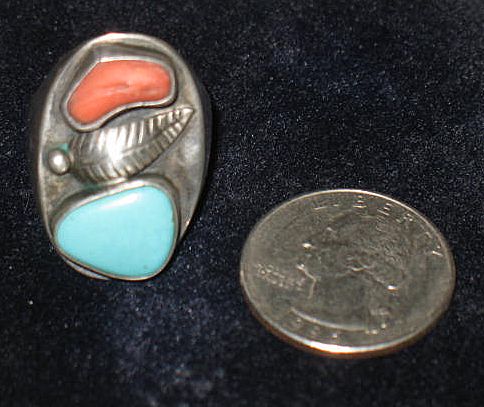 Unmarked Native American Silver, Turquoise and Coral Ring Unmarked Native American Silver, Turquoise and Coral Ring