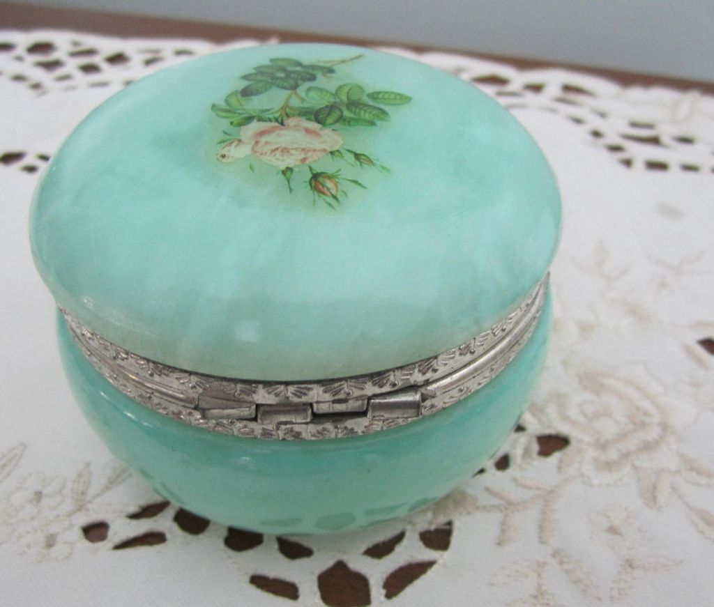 BOX, Powder Box, Green Agate/Alabaster with Roses, Shabby n Chic BOX, Powder Box, Green Agate/Alabaster with Roses, Shabby n Chic
