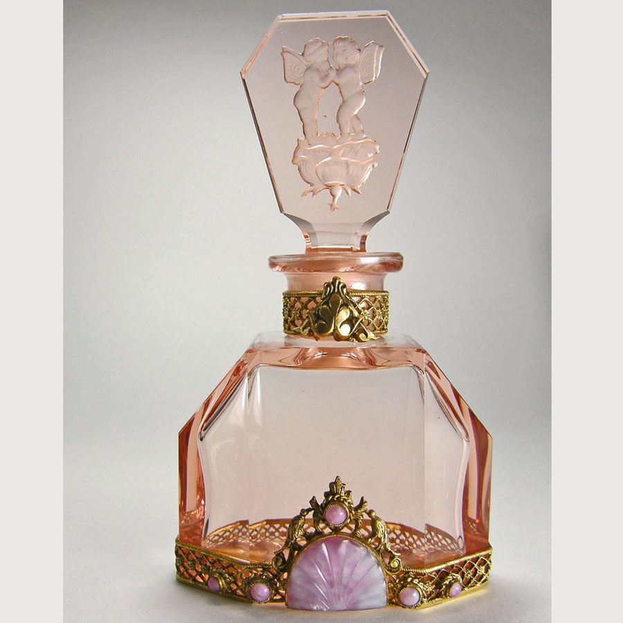 Pink Czech Jeweled Perfume Bottle Cupids on Rose Stopper Pink Czech Jeweled Perfume Bottle Cupids on Rose Stopper
