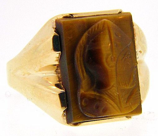 Vintage Deco Mens Tigerseye Cameo 10kt YG Ring 5.5gr Sz.11.75 Vintage Deco Mens Tigerseye Cameo 10kt YG Ring 5.5gr Sz.11.75