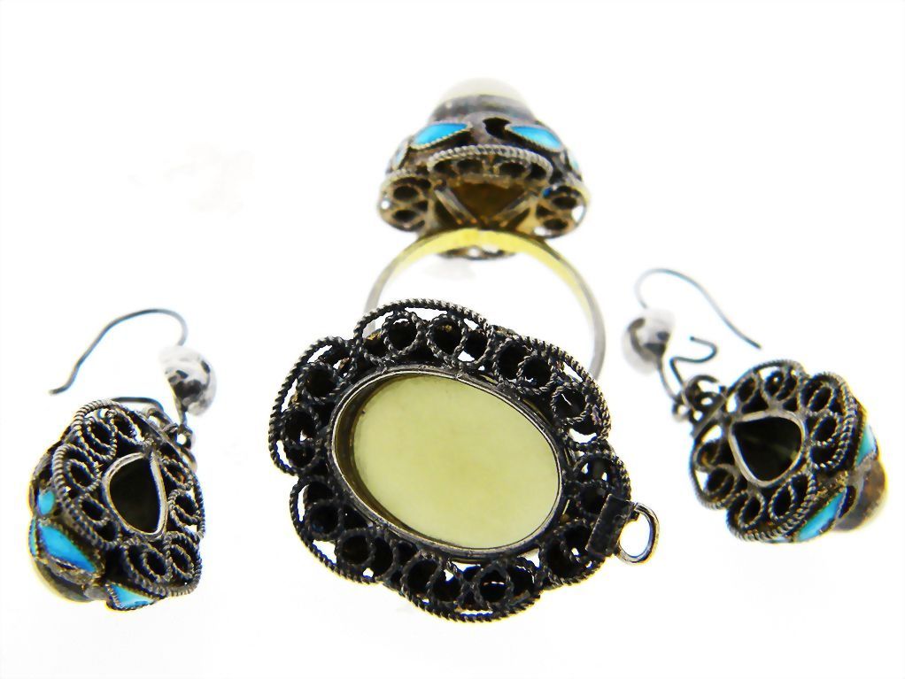 Antique Victorian Chinese Jade Jadeite Enamel Silver Filigree Pendant,Earring,Ring Parure Antique Victorian Chinese Jade Jadeite Enamel Silver Filigree Pendant,Earring,Ring Parure