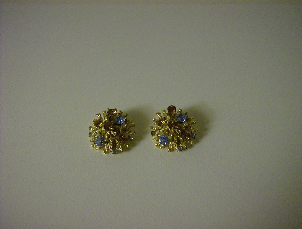 Clip On Earrings ~ Golden Coral ~ Amber & Blue Stones Clip On Earrings ~ Golden Coral ~ Amber & Blue Stones