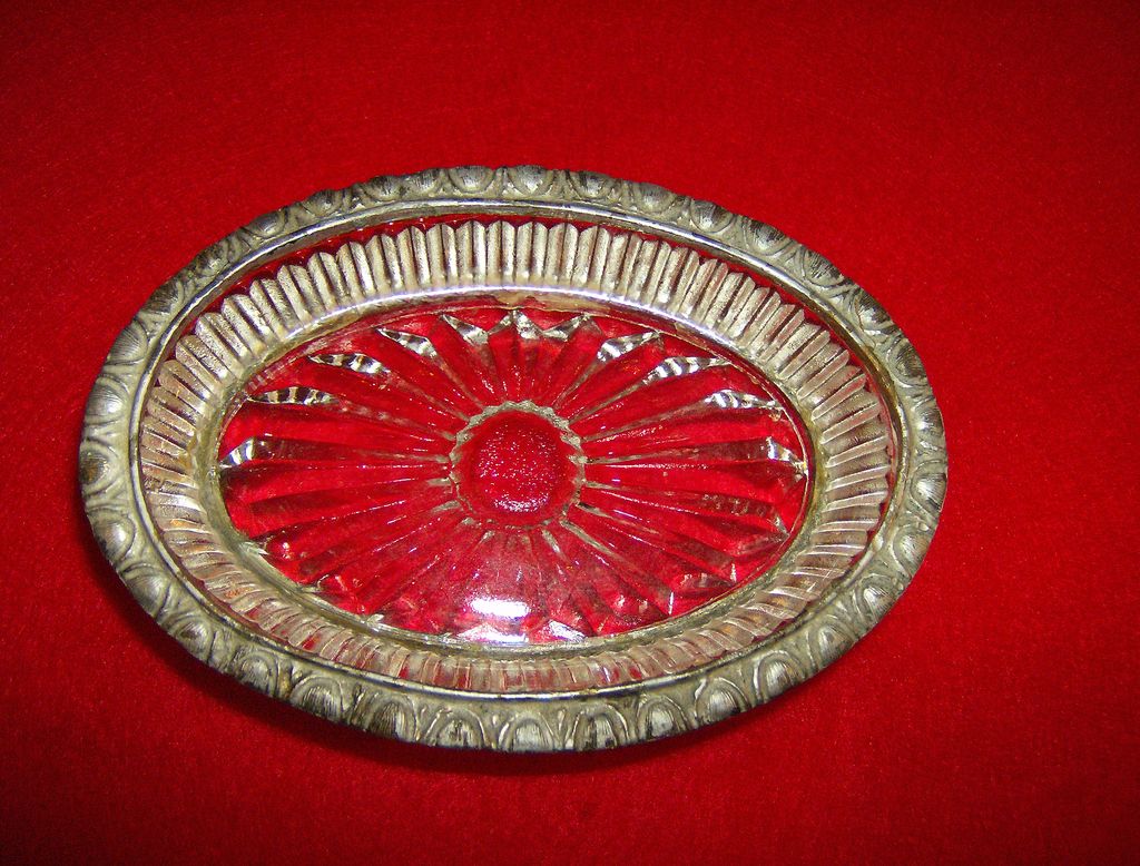 Cut Glass Vanity Dish with Metal Rim and Base Cut Glass Vanity Dish with Metal Rim and Base