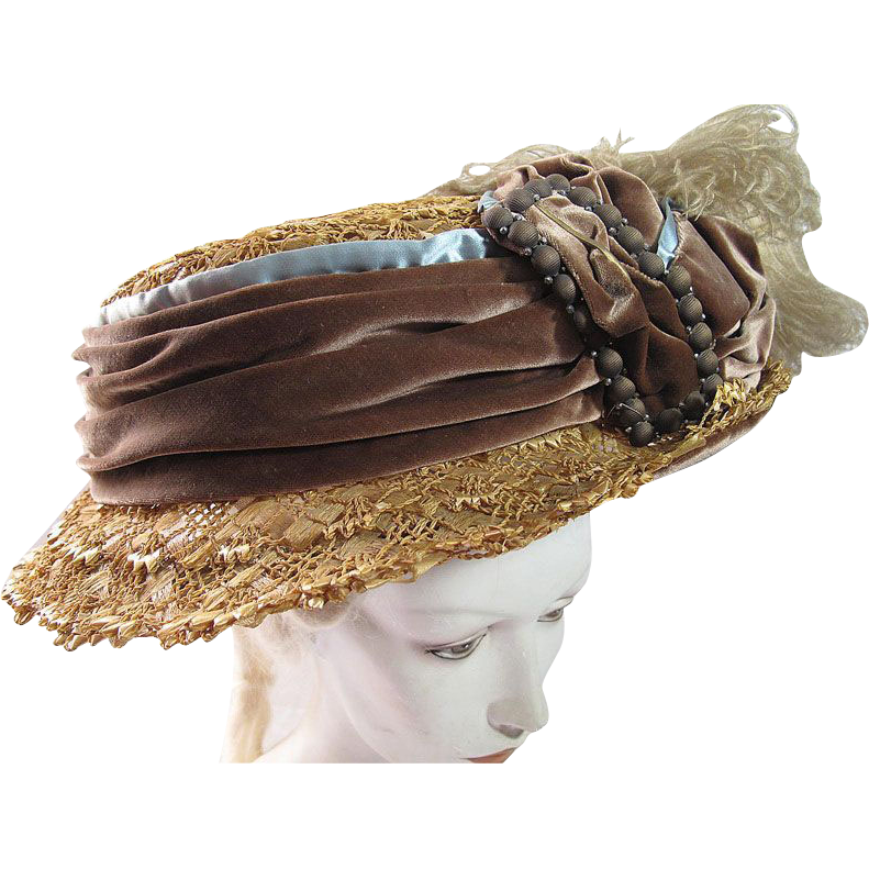 Exceptional Edwardian Titanic Era Decorated Straw & Raffia Hat Exceptional Edwardian Titanic Era Decorated Straw & Raffia Hat