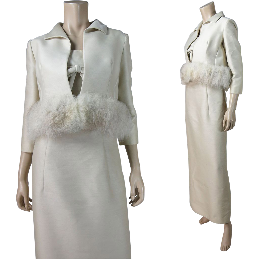 ... Silk Evening Dress With Fox Fur Trimmed Cropped Jacket Circa 1970