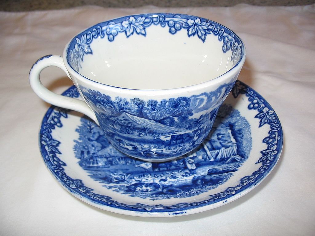 Flow Blue Secnic Cup & Saucer in Farm Pattern Flow Blue Secnic Cup & Saucer in Farm Pattern