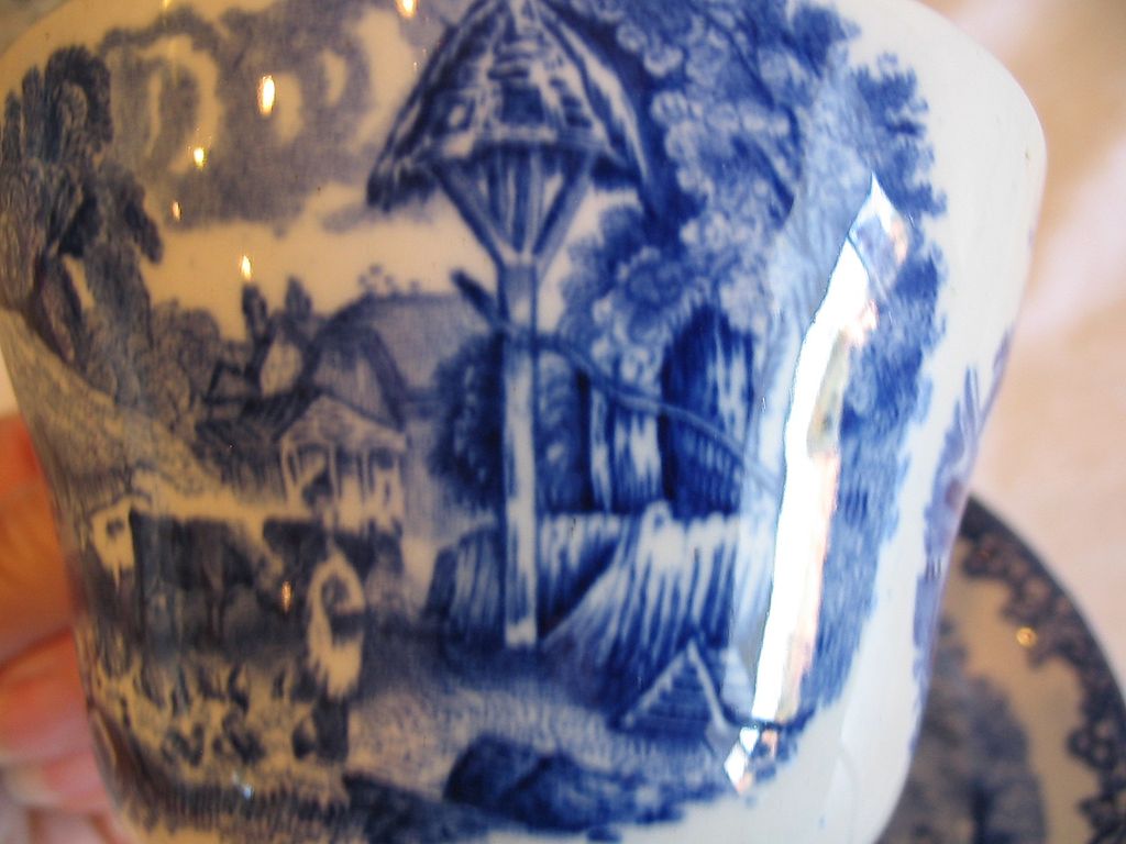 Flow Blue Secnic Cup & Saucer in Farm Pattern Flow Blue Secnic Cup & Saucer in Farm Pattern