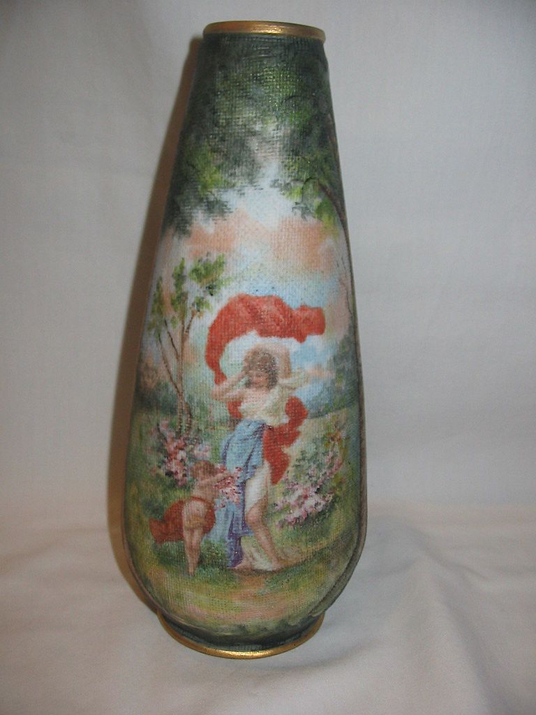 SALE: Beautiful "Mythical Scene of Girl With Scarf and Cherub" Portrait Tapestry Vase SALE: Beautiful "Mythical Scene of Girl With Scarf and Cherub" Portrait Tapestry Vase