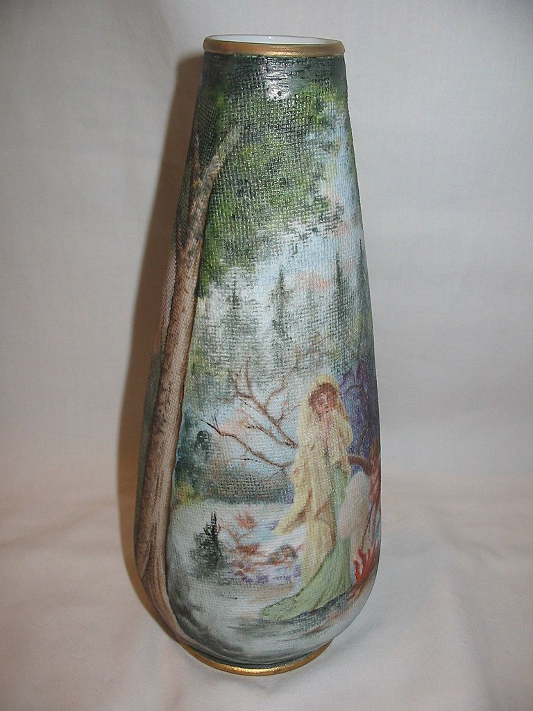 SALE: Beautiful "Mythical Scene of Girl With Scarf and Cherub" Portrait Tapestry Vase SALE: Beautiful "Mythical Scene of Girl With Scarf and Cherub" Portrait Tapestry Vase