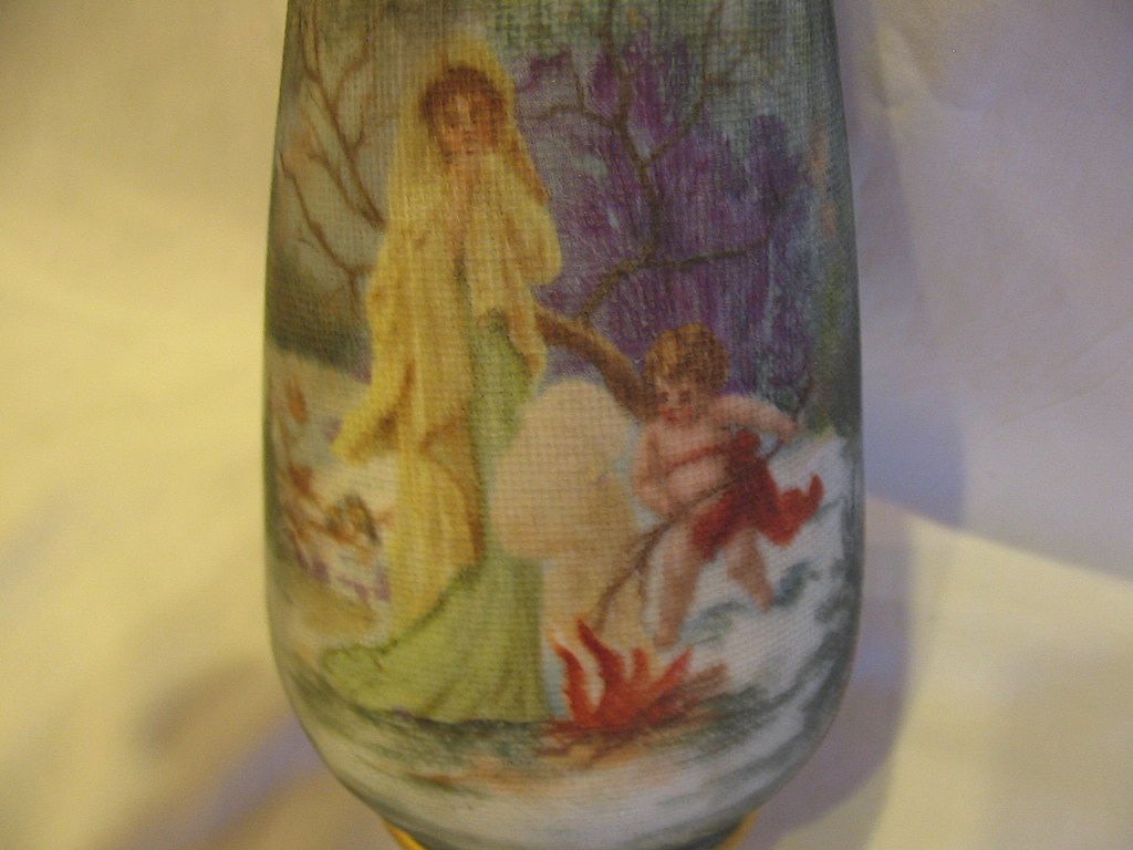 SALE: Beautiful "Mythical Scene of Girl With Scarf and Cherub" Portrait Tapestry Vase SALE: Beautiful "Mythical Scene of Girl With Scarf and Cherub" Portrait Tapestry Vase