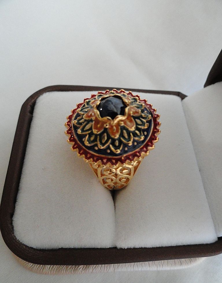Genuine Blue Sapphire Thai Floral Ring, Sterling With 22 K Gold Plating Genuine Blue Sapphire Thai Floral Ring, Sterling With 22 K Gold Plating