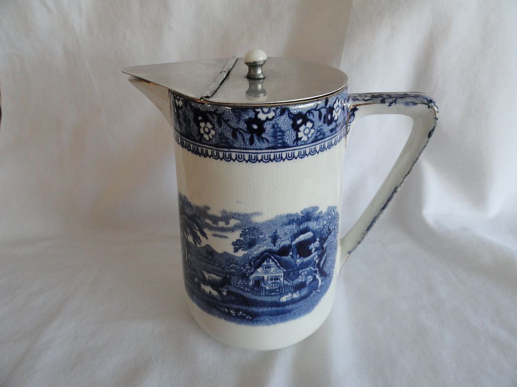 Flow Blue Pewter Lidded Pitcher, Farm Scene With Cows, Ivanhoe Flow Blue Pewter Lidded Pitcher, Farm Scene With Cows, Ivanhoe