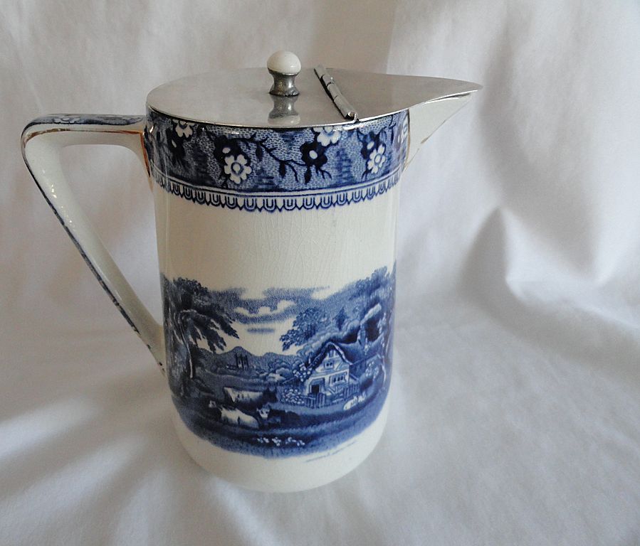 Flow Blue Pewter Lidded Pitcher, Farm Scene With Cows, Ivanhoe Flow Blue Pewter Lidded Pitcher, Farm Scene With Cows, Ivanhoe
