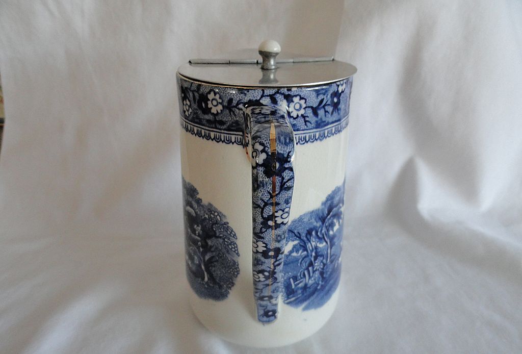 Flow Blue Pewter Lidded Pitcher, Farm Scene With Cows, Ivanhoe Flow Blue Pewter Lidded Pitcher, Farm Scene With Cows, Ivanhoe